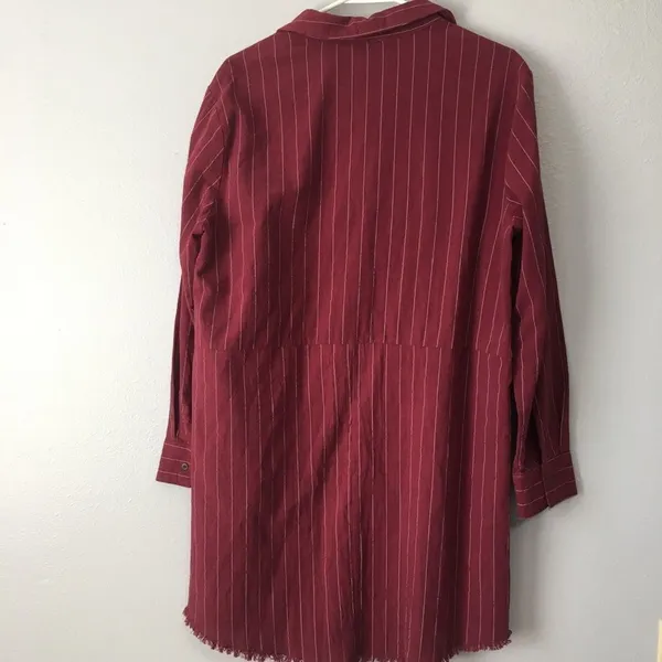 Umgee • Red Striped Long Sleeve Shirt Dress with Pockets Fringe Hem Medium - Image 2