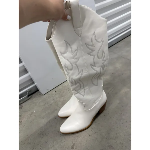 Women's White Western Cowboy Cowgirl Knee-High Boots Pointed Toe Embroidered - 9 - Image 9