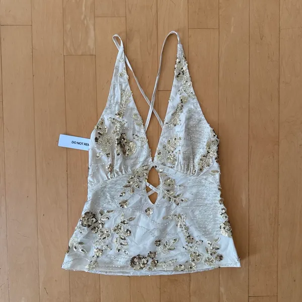 Princess Polly Eurydice beaded sequin backless gold halter top - Image 2