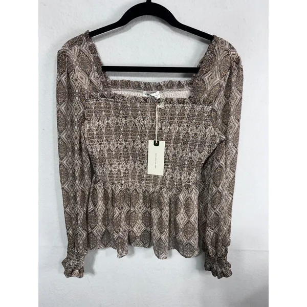 Women's Loom Smocked Peplum Blouse Boho Romantic Long‎ Sleeve Size S New - Image 5