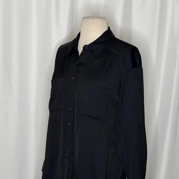 ANTHROPOLOGIE Black Satin Button Down Shirt Blouse Top Pockets Solid Small - Image 6