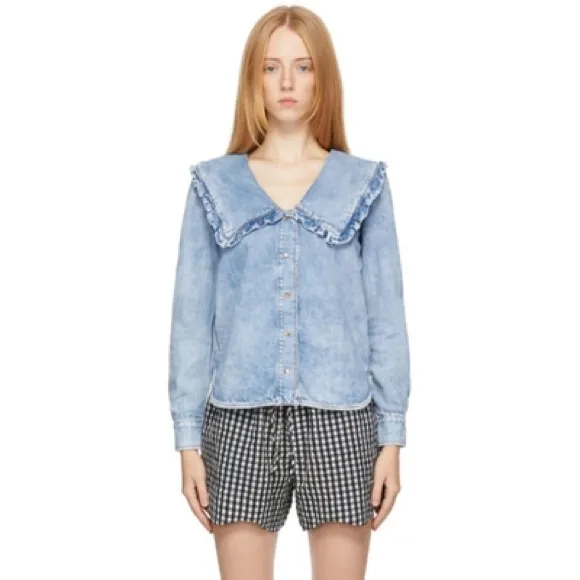 Ganni Peter Pan Collared Ruffle Denim Shirt Indigo Blue 34/XS - Image 2