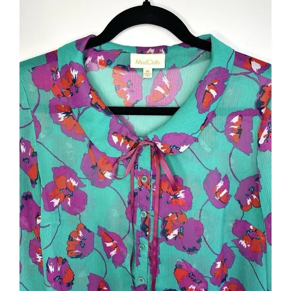 ModCloth Floral Blouse Size‎ Medium Peter Pan Collar Bow Chiffon Artsy Teacher - Image 2