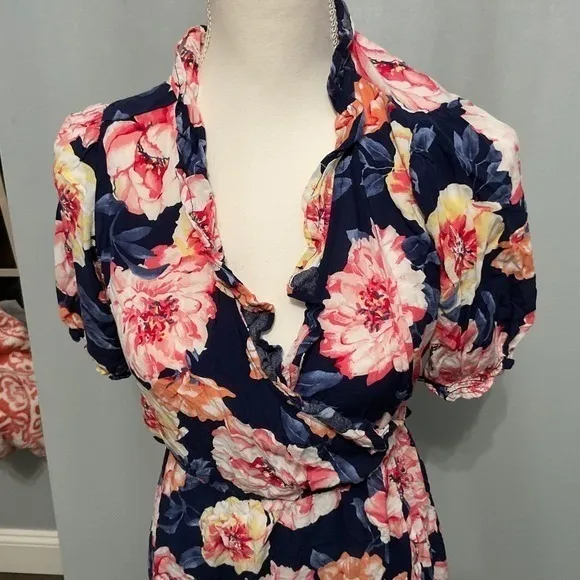 Old Navy Womens Wrap Dress Navy Pink Floral Ruffle Midi Small - Image 3