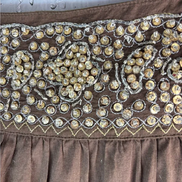 BCBGMaxAzria S Cotton Tiered Brown Embellished Beaded Waist Midi Skirt - Image 2