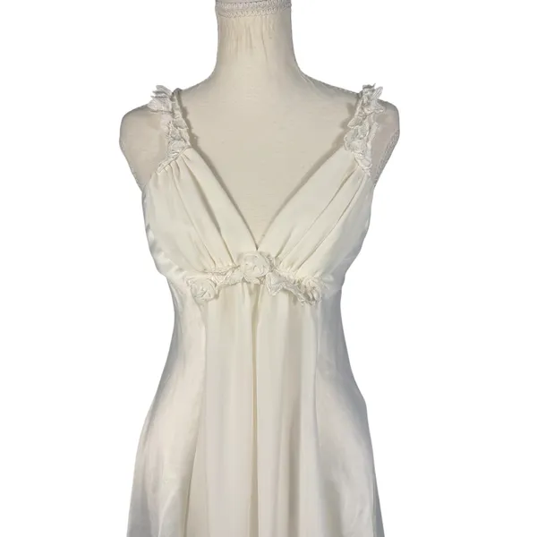 Flora Nikrooz Slip Dress Womens Small Ivory Satin Floral Strap Chemise - Image 7