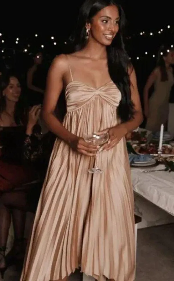 Petal & Pup Vikki Gold Satin Pleated Asymmetrical Hem Midi Dress 2 - Image 8