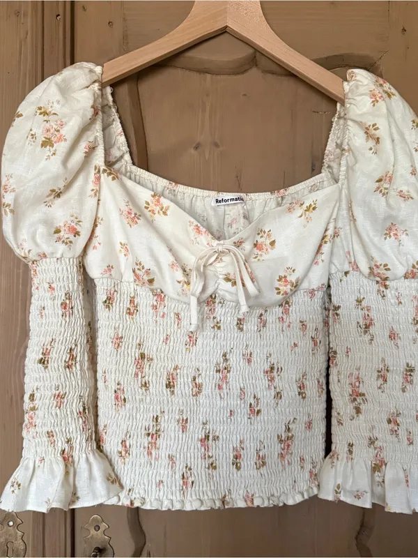 Reformation Linen Floral Smocked Puff Sleeve Top Cream Sweetheart Neck - Image 3