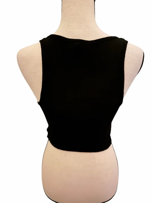 Windsor Black Ribbed Knit Button Front Cropped Tank Top Scoop Neck Stretch - Image 3