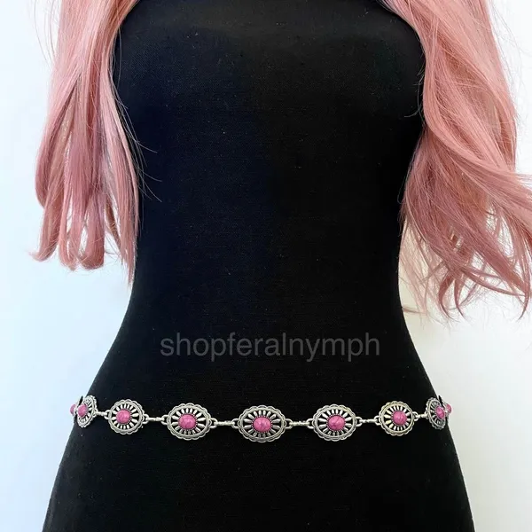Silver Y2K Pink Stone Concho Waist Chain Belt, Fits 24.5-42.5 Inches, X7GA1298 - Image 3