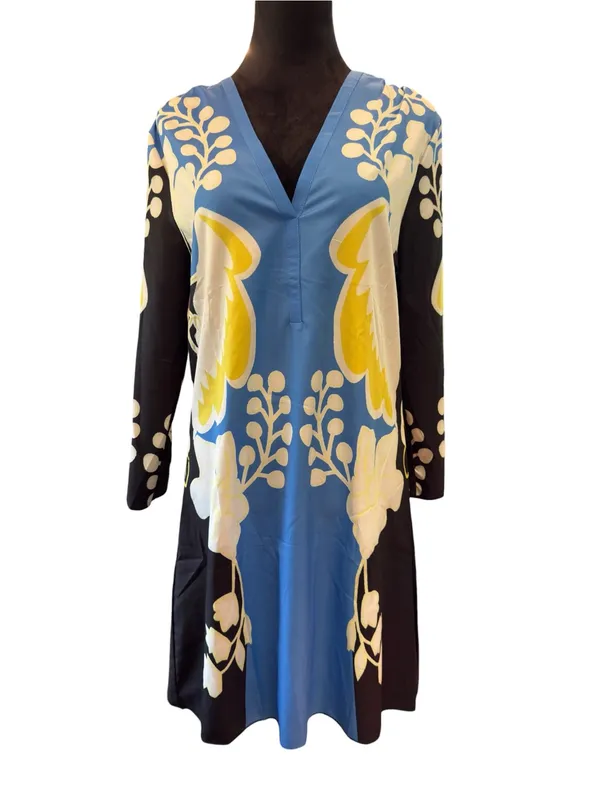 NWT Boutique Retro Graphic Floral Shift Dress 60s Mod V-Neck Long Sleeve Size L - Image 2