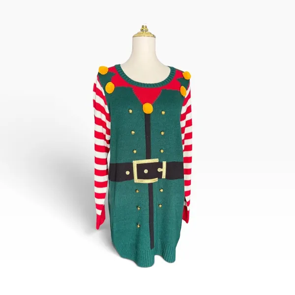 Isela Elf Ugly Christmas Sweater XL NWT 3D Bells Pom Poms Striped Holiday Tunic - Image 2