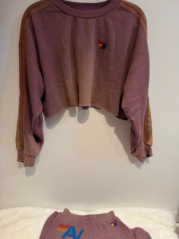 Aviator Nation Classic Stripe Cropped Crew & Sweatpants Set – Faded Mocha – S/XS – Preloved - Image 4