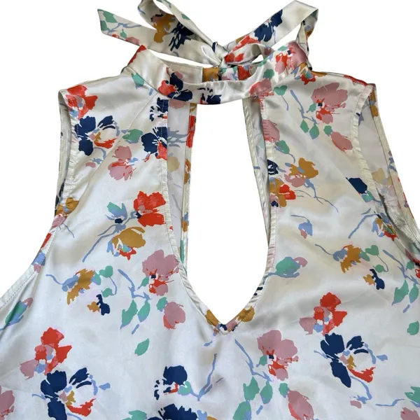 Floral Halter Neck Deep V-Neck Silky Blouse Shirt Summer Top‎ Vacation Sz Medium - Image 2