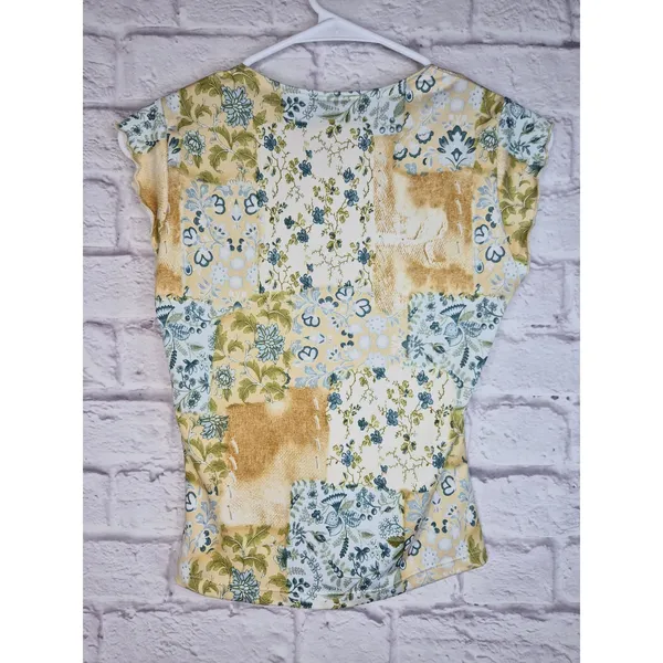 VTG Y2K Rave Patchwork Lace Top Cami Cap Sleeve Blue Yellow Cottagecore Sz S M - Image 4