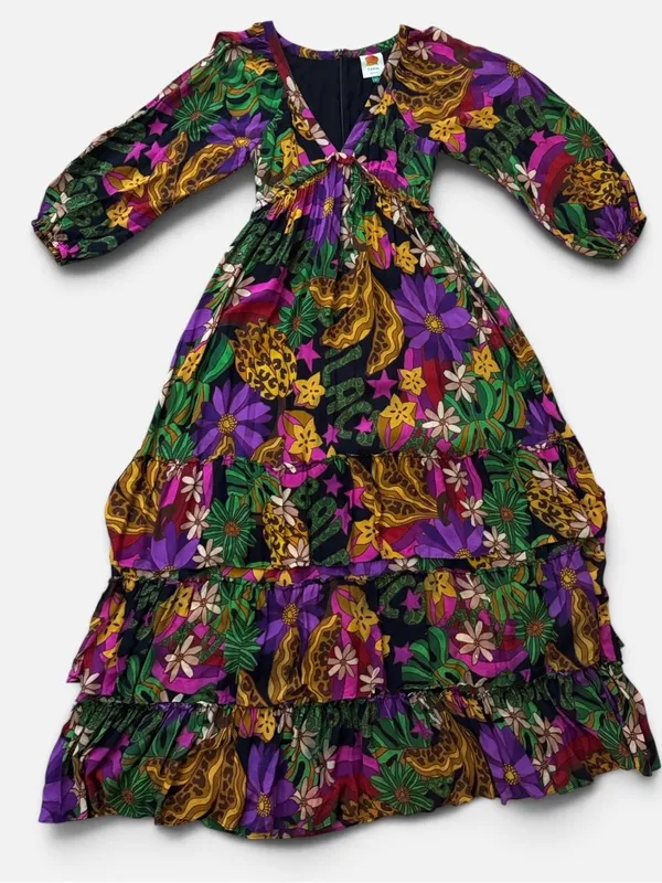 FARM Rio Star Fruit Floral Tiered Maxi Dress in Purple, Green & Yellow Sz Small - Image 4
