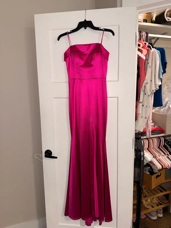Dillard's Strapless satin hot pink prom dress - Image 2