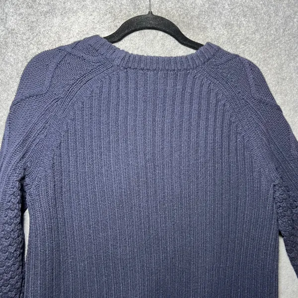 J.Crew Navy Blue‎ 100% Wool Sweater Bobble Diamond Cable Knit Crewneck Medium - Image 10