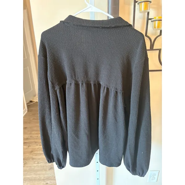 Jodifl Black Textured Waffle Knit Babydoll Top Long Sleeve Collar V-Neck Large - Image 5