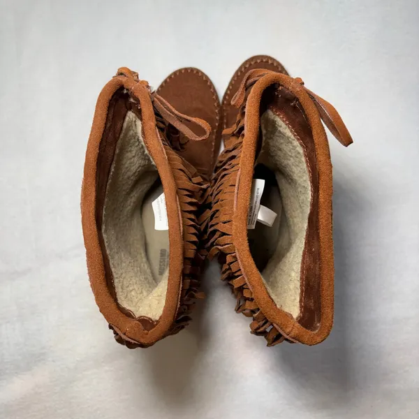 Mossimo Brown Suede Leather Fringe Moccasin Boots Womens 9 Faux Fur Lined Boho - Image 10