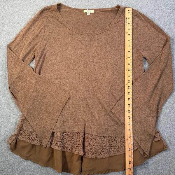 Kori America Women's Medium Brown Bell Sleeve Lace Layered Hem Knit Top Blouse - Image 5