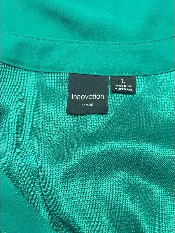 Innovation Femme Size L Kelly Green Faux Wrap Dress Puff Sleeve Elastic Waist - Image 3
