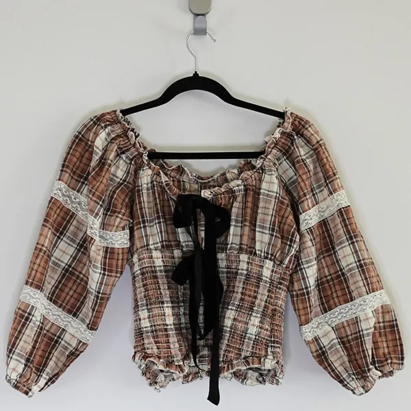 Kimchi Blue Brown Plaid Lace Ribbon Bow Puff Sleeve Cropped Milkmaid Top Size S - Image 2
