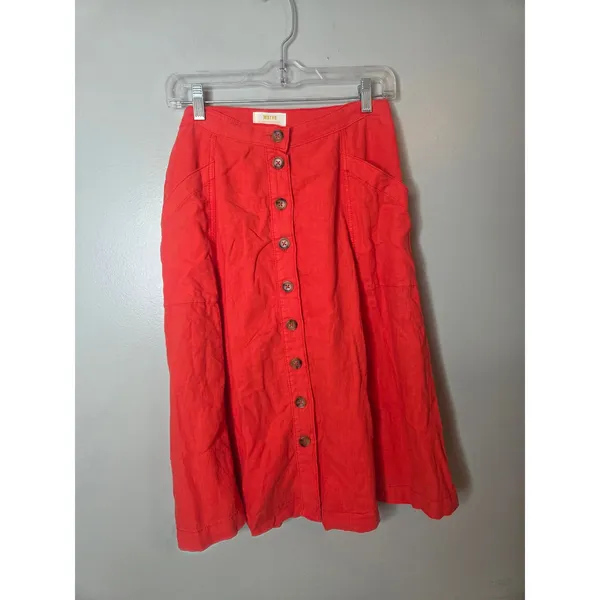 Maeve by Anthropologie Womens 6 Midi A Line Button Front Skirt Orange Red - Image 2