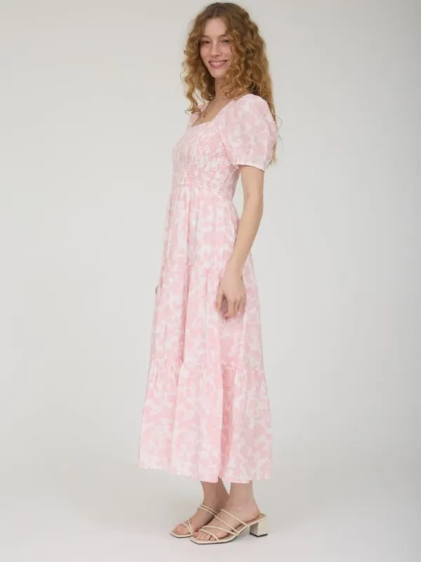 Soft Pink Floral Smocked Midi Dress Puff Sleeves Last One Size Medium - Image 3