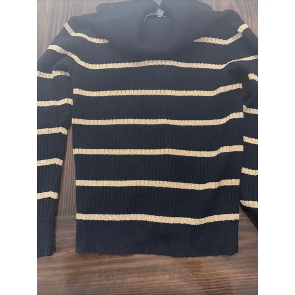 Lauren Ralph Lauren Black Gold Striped Sweater Toggle Medium Sparkle Metallic - Image 8