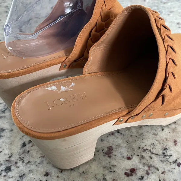 J.Crew Braided Clog Mules Tan Suede Wood‎ Platform Studded BJ249 Mens 9.5 NWOB - Image 5