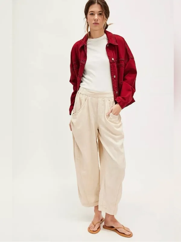 🆕 NWT Free People High Road Barrel Pants Linen Boho Wide-Leg Pockets Tan Large - Image 5