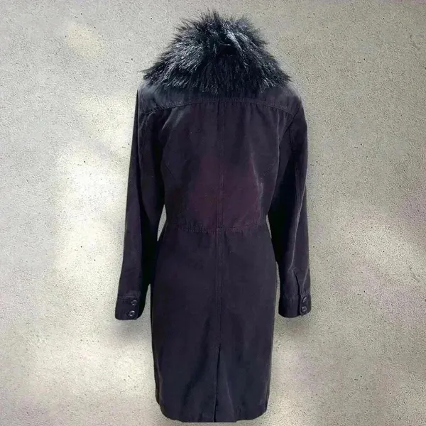 Vintage GUESS Faux Fur Mid Length Trench Coat RARE Jacket in Black Sz. Small - Image 4