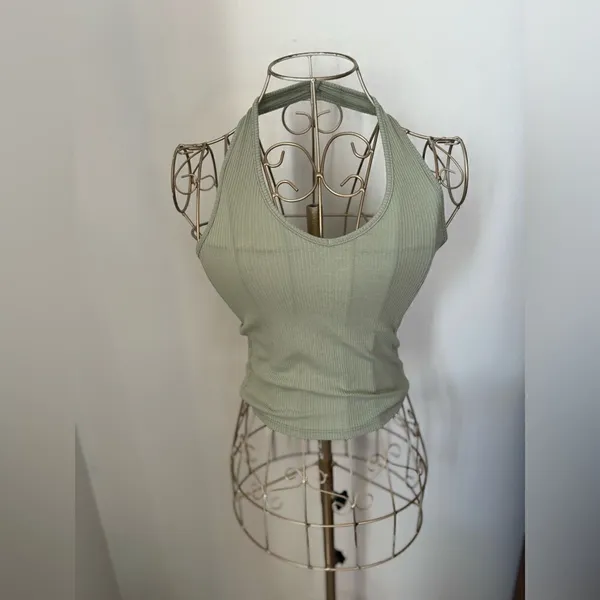 American Eagle Ribbed Halter Top Open Back V Neck Size XS Green - Image 2