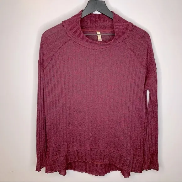 Free People Clarissa Mock Neck Ribbed‎ Burgundy Sweater Size S - Image 2