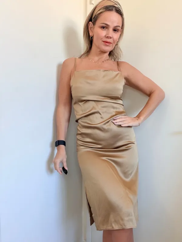 Almina Concept Draped Slip Dress in Camel Tan - Image 2