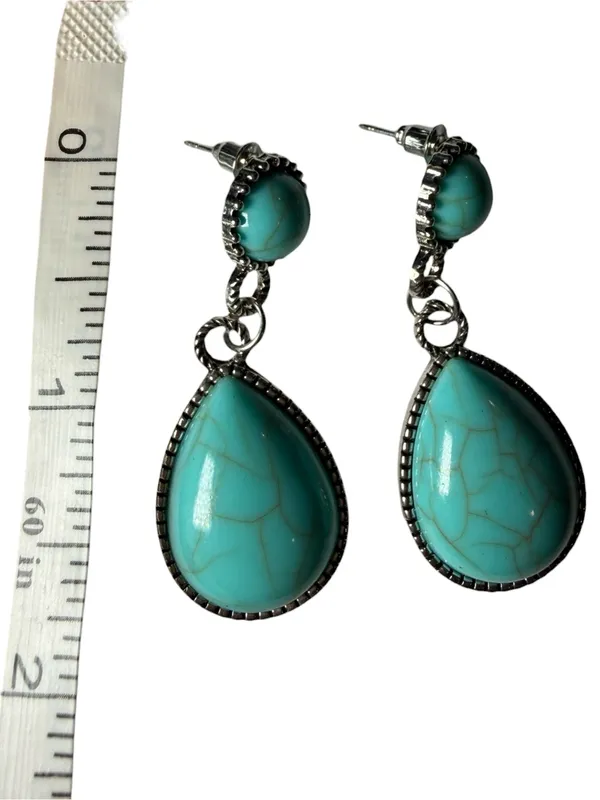 Turquoise Teardrop Dangle Earrings Boho Western Textured Silver Border Stud Blue - Image 4