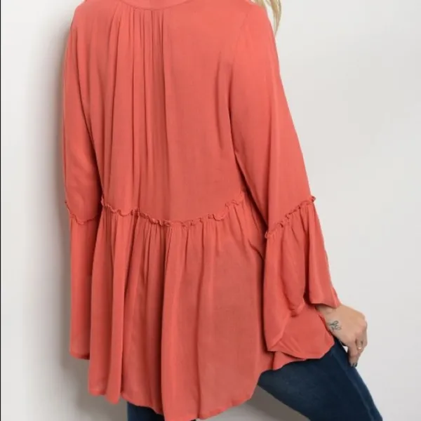 Coral Boho Crochet Lace Up V Neck Bell Sleeve Babydoll Hi Low Top Blouse Size S - Image 2