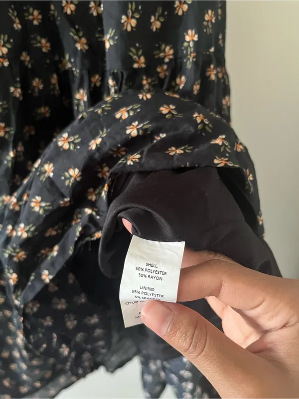 Black Orange Floral Print Puff Sleeve Smocked Midi Dress Medium Cottagecore - Image 7