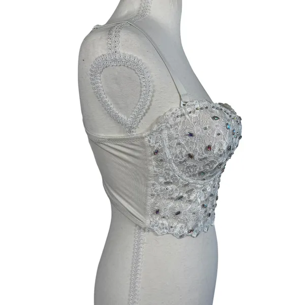 White Lace Bustier Crop Top Womens M Beaded Rhinestone Corset Cami Y2K Bridal - Image 11