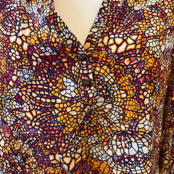 Maeve Geometric Ruffle Cinched Button Collar Blouse Top Balloon Sleeve Size S - Image 4