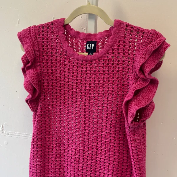 Gap Womens Pink Crochet Knit Ruffle Sleeve Sweater Top Size Medium Boho - Image 4