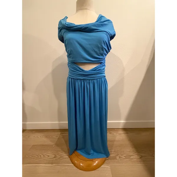Alberta Ferretti Blue Jersey Cowl Neck Cutout Ruched Maxi Dress Sleeveless - Image 2