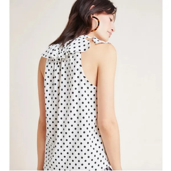 Anthropologie Polka Dot Ruffle Neck Sleeveless Button Up Shirt M‎ White Black - Image 6