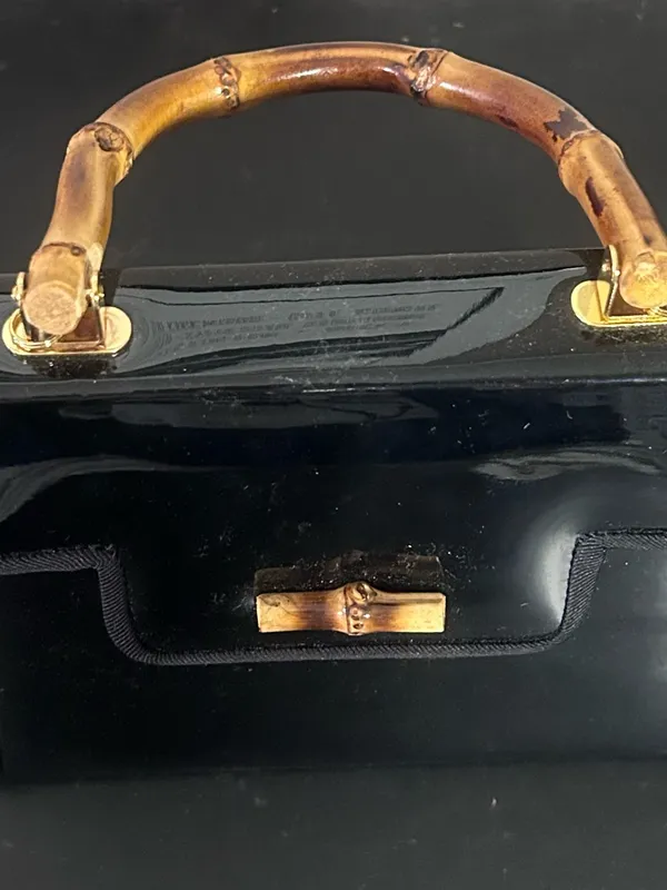 Black Patent Top-Handle Bag with Bamboo Accent - Image 4