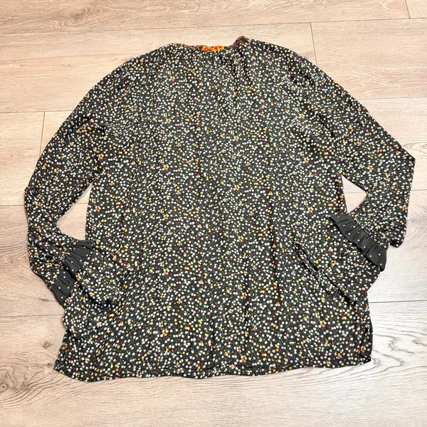 LOFT Ann Taylor Floral Print Ruffle Blouse Long Sleeve Casual Top Black Small‎ S - Image 2