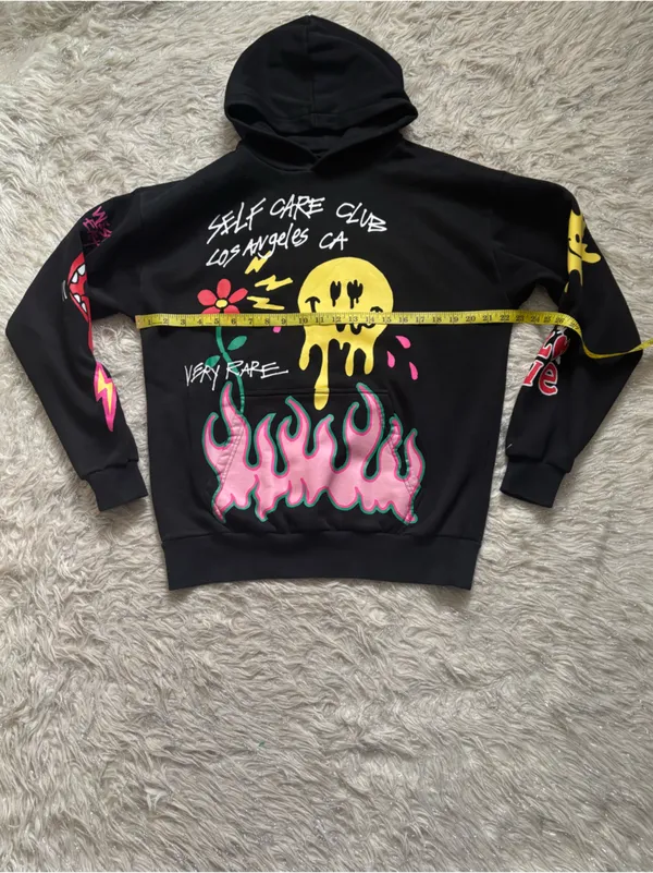 PacSun Black with Yellow, Pink & Green Graphic Unisex Pullover Hoodie Size S - Image 4