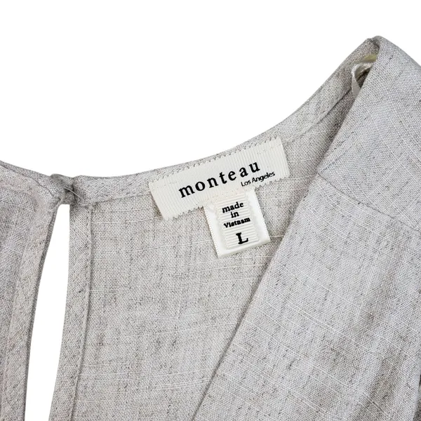 Monteau Jumpsuit Womens Large Beige Linen Wide Leg V-Neck Cropped Boho Overall - Image 6