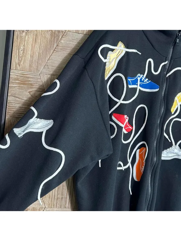 Vintage Spree Sport Black Zip Up Hoodie Size L Sneakers Laces Sweatshirt 90s - Image 2