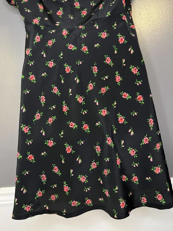Vintage Esprit Dress Women 6 Black Floral Fit & Flare Short Square Neck Sundress - Image 7
